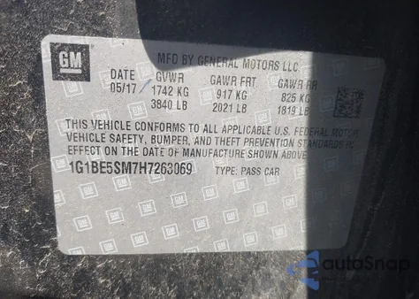 2017 Chevrolet Cruze Lt Auto from USA, damaged, VIN 1G1BE5SM7H7263069
